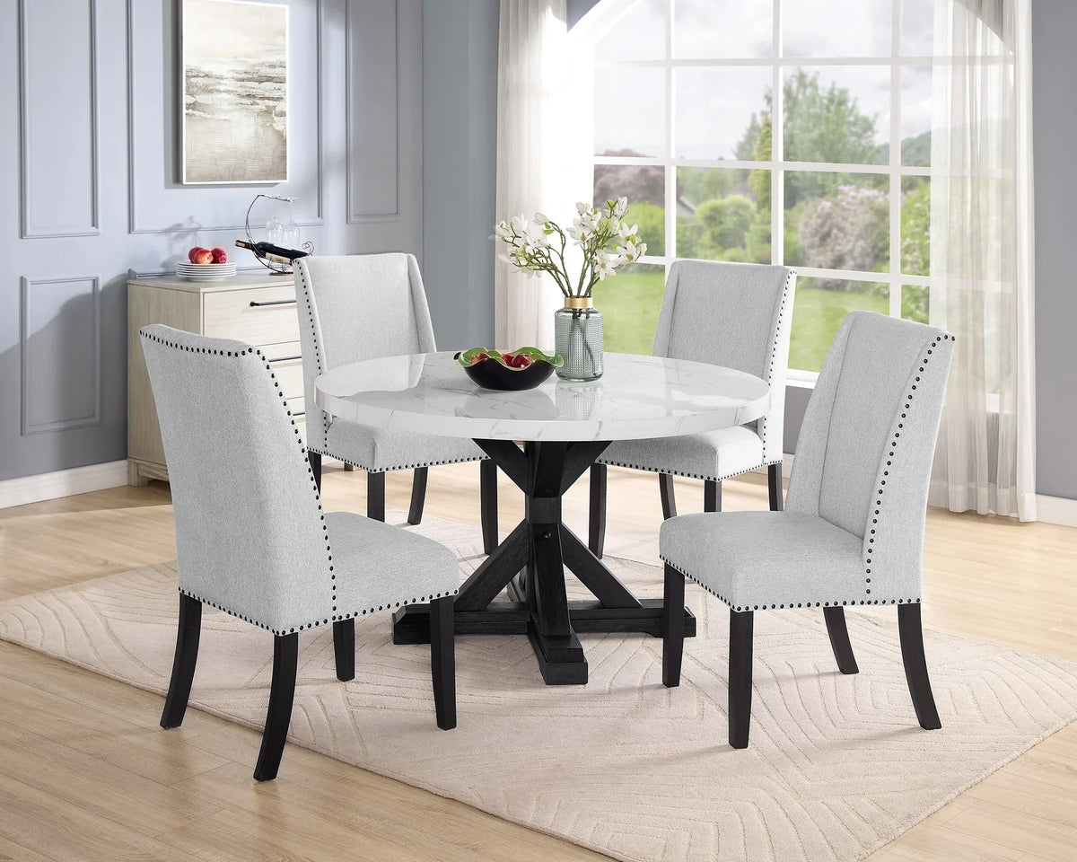 Vesper Bridgend Black Finish Wood 5-Piece Trestle Base 48" Round White Faux Marble Top Dining Table Set – 9055-5PC — product view 1