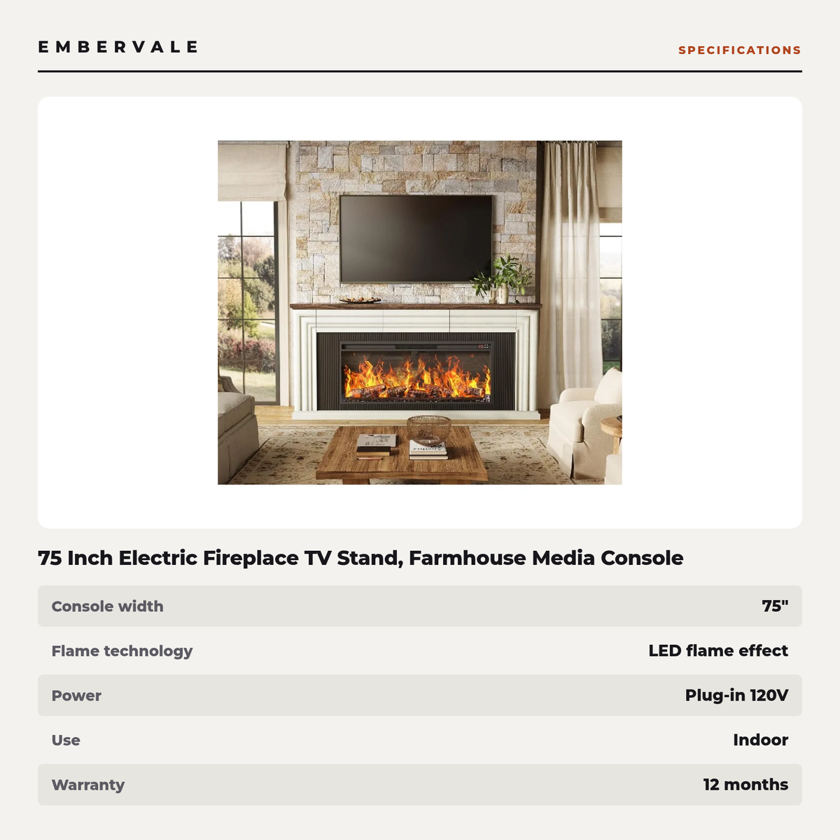 75 Inch Electric Fireplace TV Stand, Farmhouse Media Console Entertainment Center for Living Rooms — product view 3