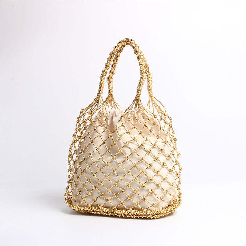 Hand-knotted mesh tote bag with luxurious lining LoungeYard — product view 1