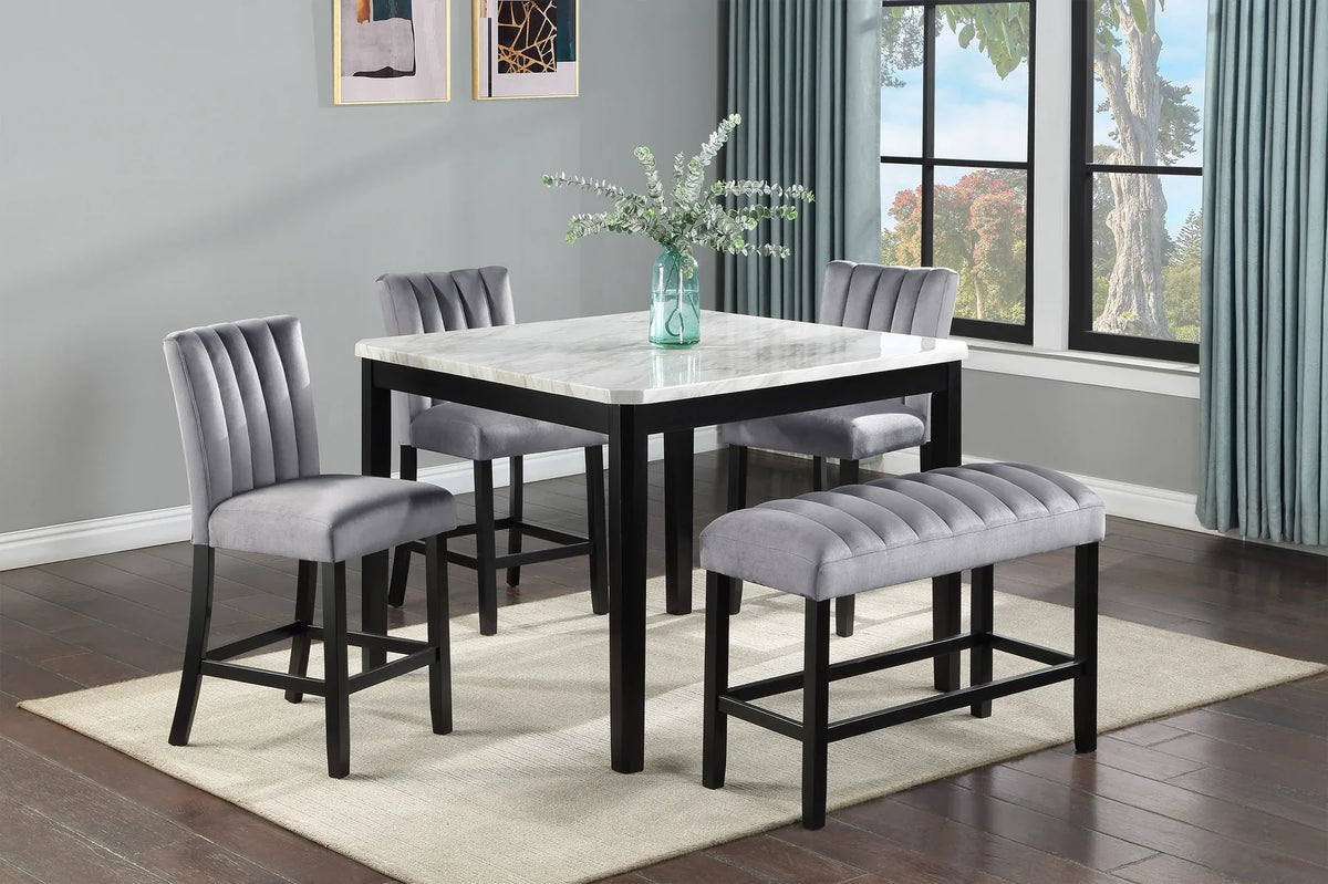 Bridgend Black Finish Wood 6-Piece White Faux Marble Top Counter Height Dining Table Set with Bench – 9445-6PC — product view 1