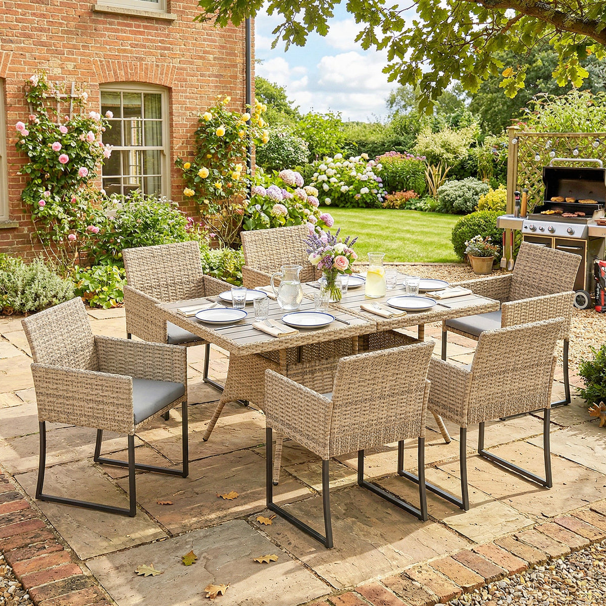 7-Piece Dark Grey Rattan Dining Set with WPC Table, 6 Chairs & Cushions — product view 3