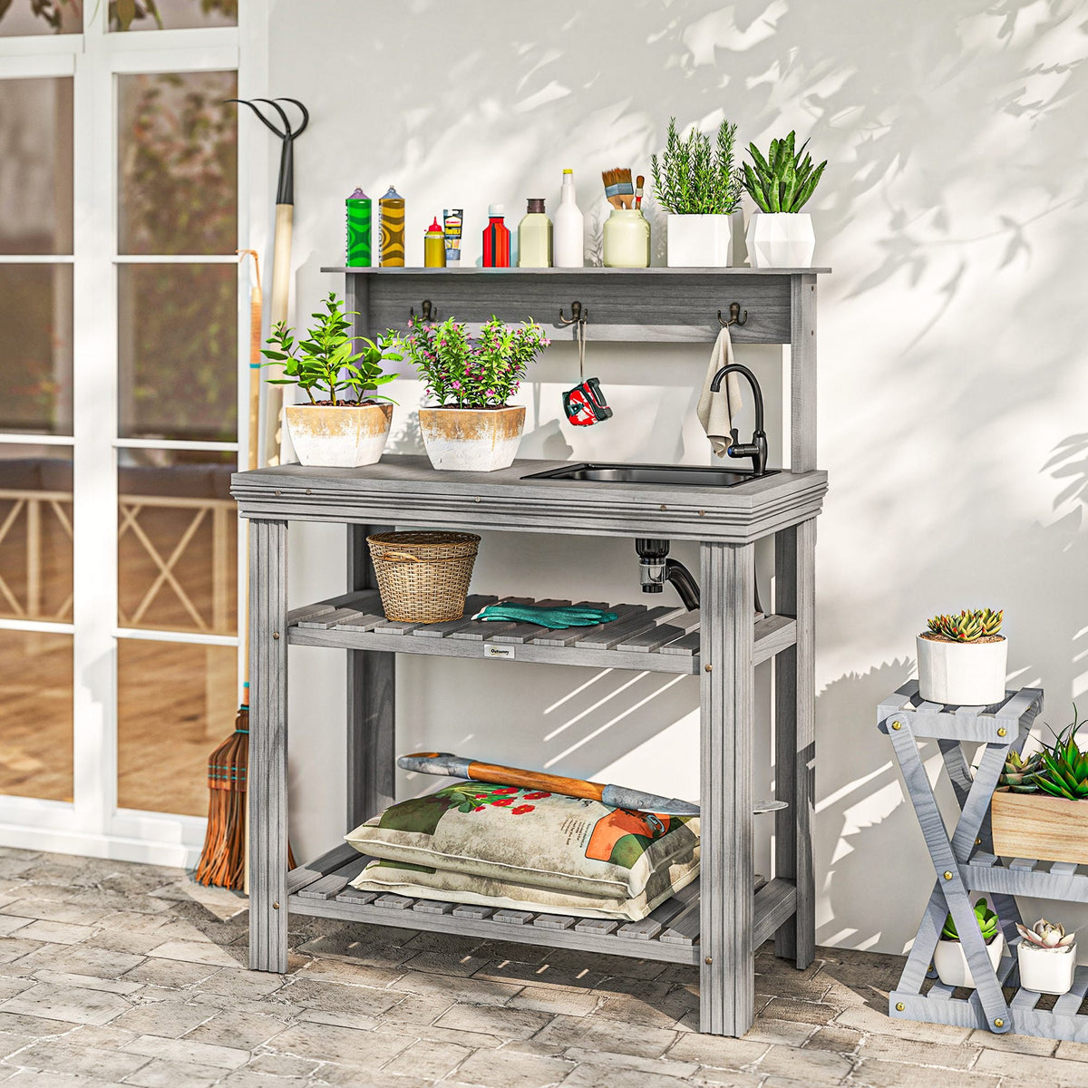Outdoor Potting Bench Table with Faucet, Sink, Shelves and Hooks, Grey — product view 4