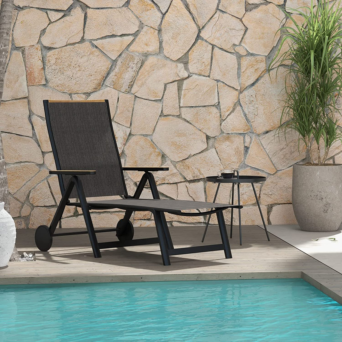 LOUNGE YARD Outdoor Chaise Lounge Chair with 6-Position Adjustable Sling Backrest, Aluminum Folding Portable Wood Grain Chair with Wheels for Beach, Backyard, Poolside, Lawn — product view 1