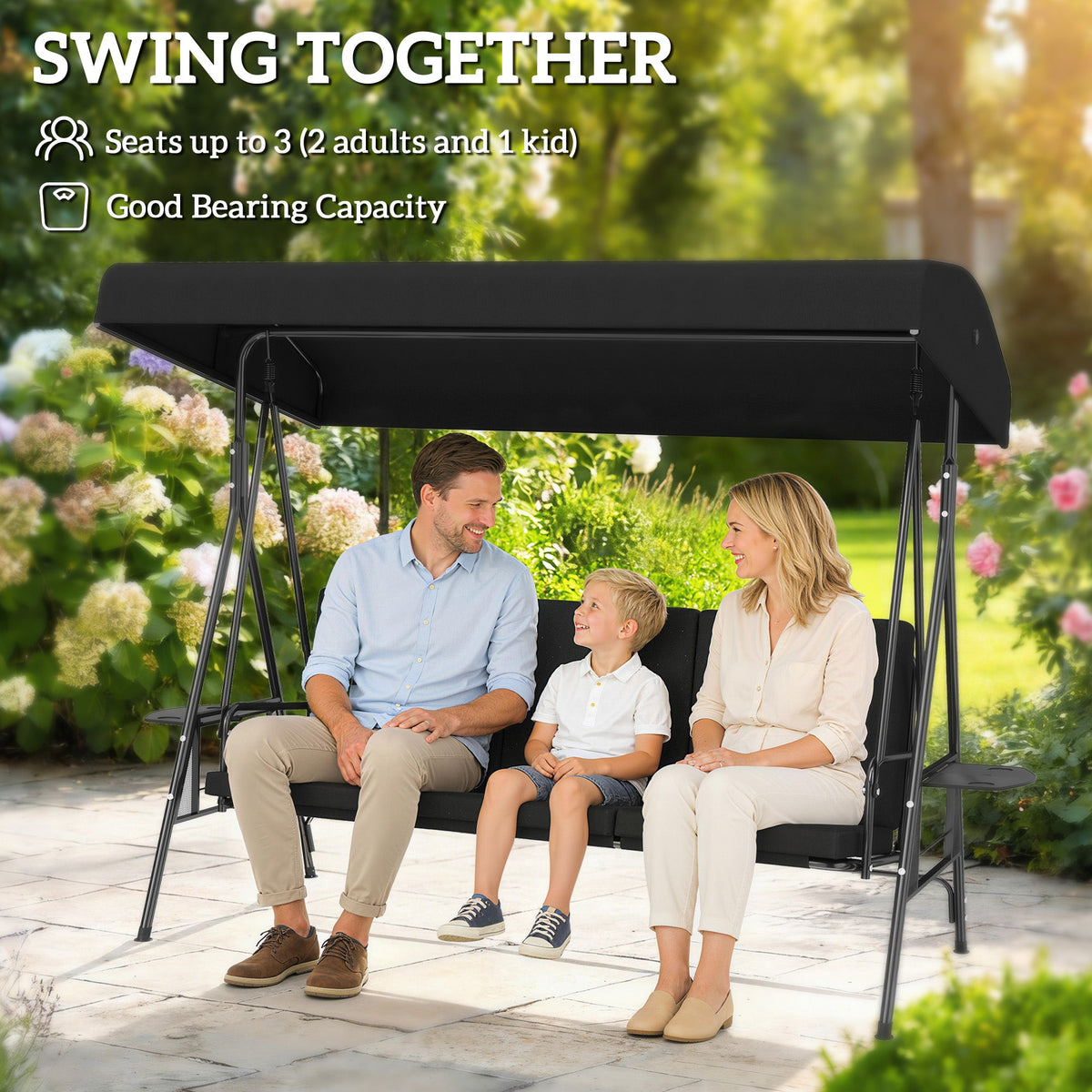 3-Seat Patio Swing Chair with Adjustable Canopy and Side Tray, Black — product view 6