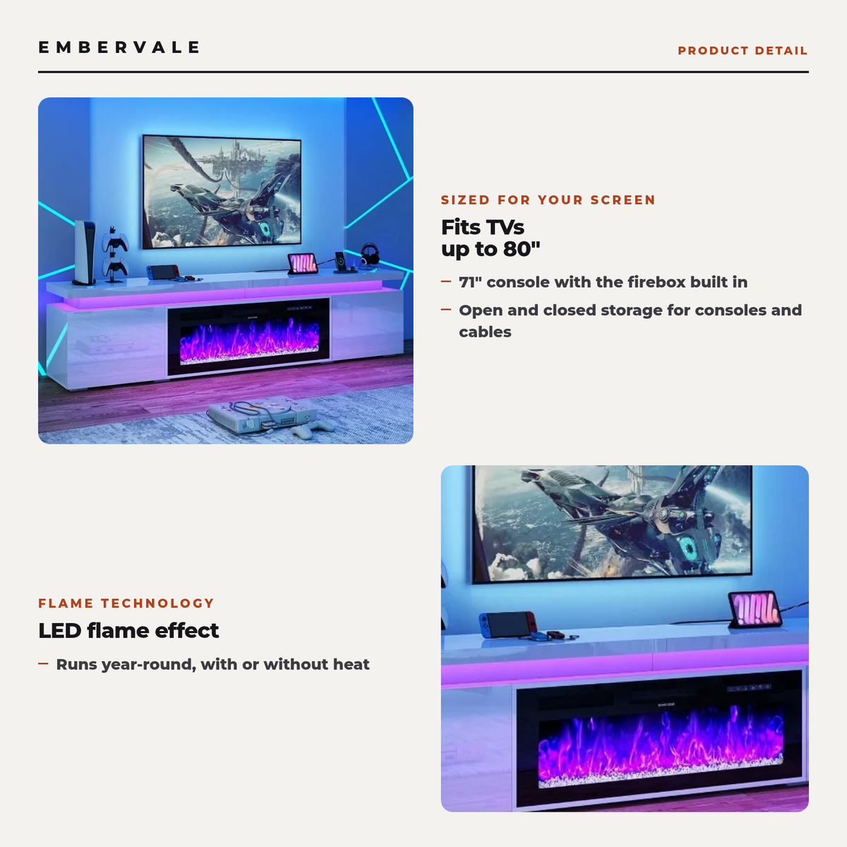 71 Inch Fireplace TV Stand with 40 Inch Electric Fireplace & Power Outlet for 80 Inch TV, High-Gloss Media Console with Storage — product view 2
