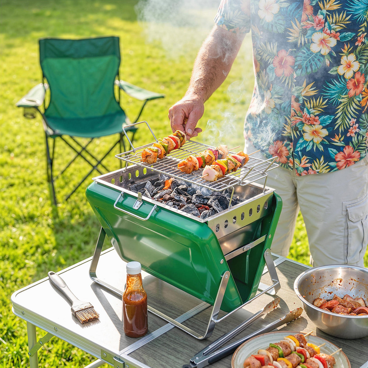 Folding Portable Charcoal BBQ Grill with Handle and Foldable Legs, Dark Green — product view 3