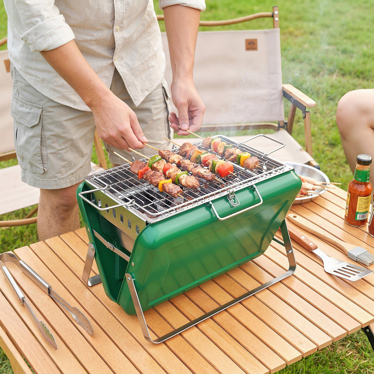 Folding Portable Charcoal BBQ Grill with Handle and Foldable Legs, Dark Green — product view 4