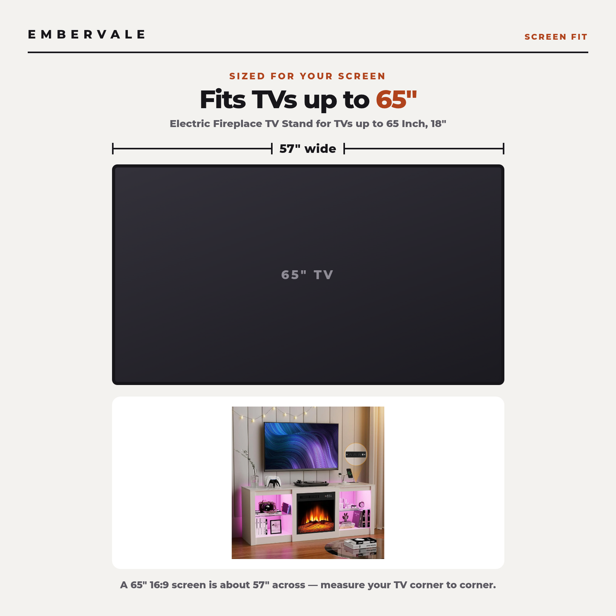 Electric Fireplace TV Stand for TVs up to 65 Inch, 18" Firebox, Modern Media Console Entertainment Center, Adjustable LED Flame for Living Rooms — product view 4