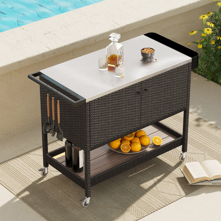 LOUNGE YARD Tietsia Bar Cart, Rolling Wicker Bar Cart w/Storage Cabinet — product view 7