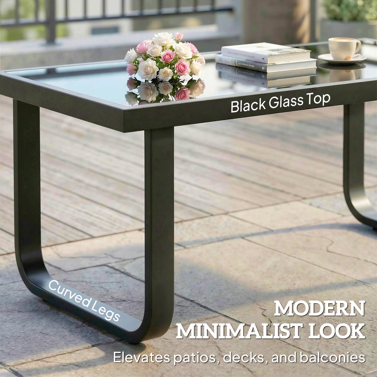 Outdoor Metal Coffee Table 90x45x33 cm with Tempered Glass Top, Black — product view 7