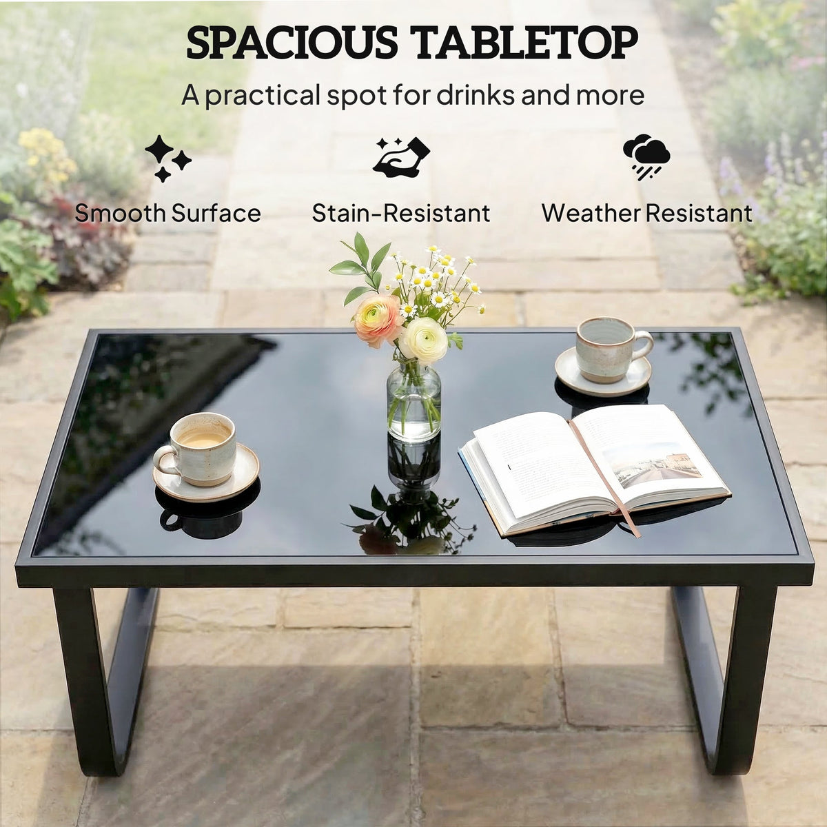 Outdoor Metal Coffee Table 90x45x33 cm with Tempered Glass Top, Black — product view 6