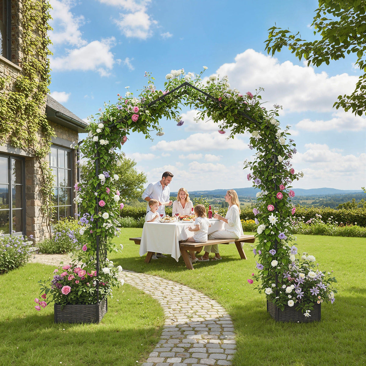 7.3ft Garden Arch with 2 Planter Boxes for Climbing Plants, Black — product view 3