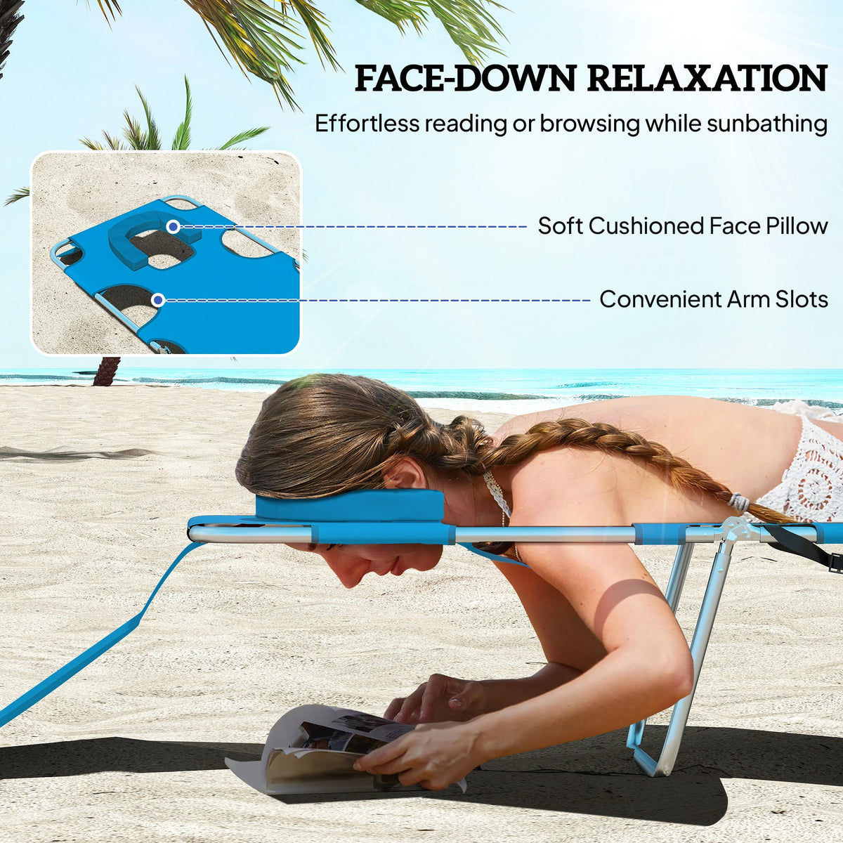 Folding Lounge Chair with Face Hole, Side Pocket and Strap, Blue — product view 7