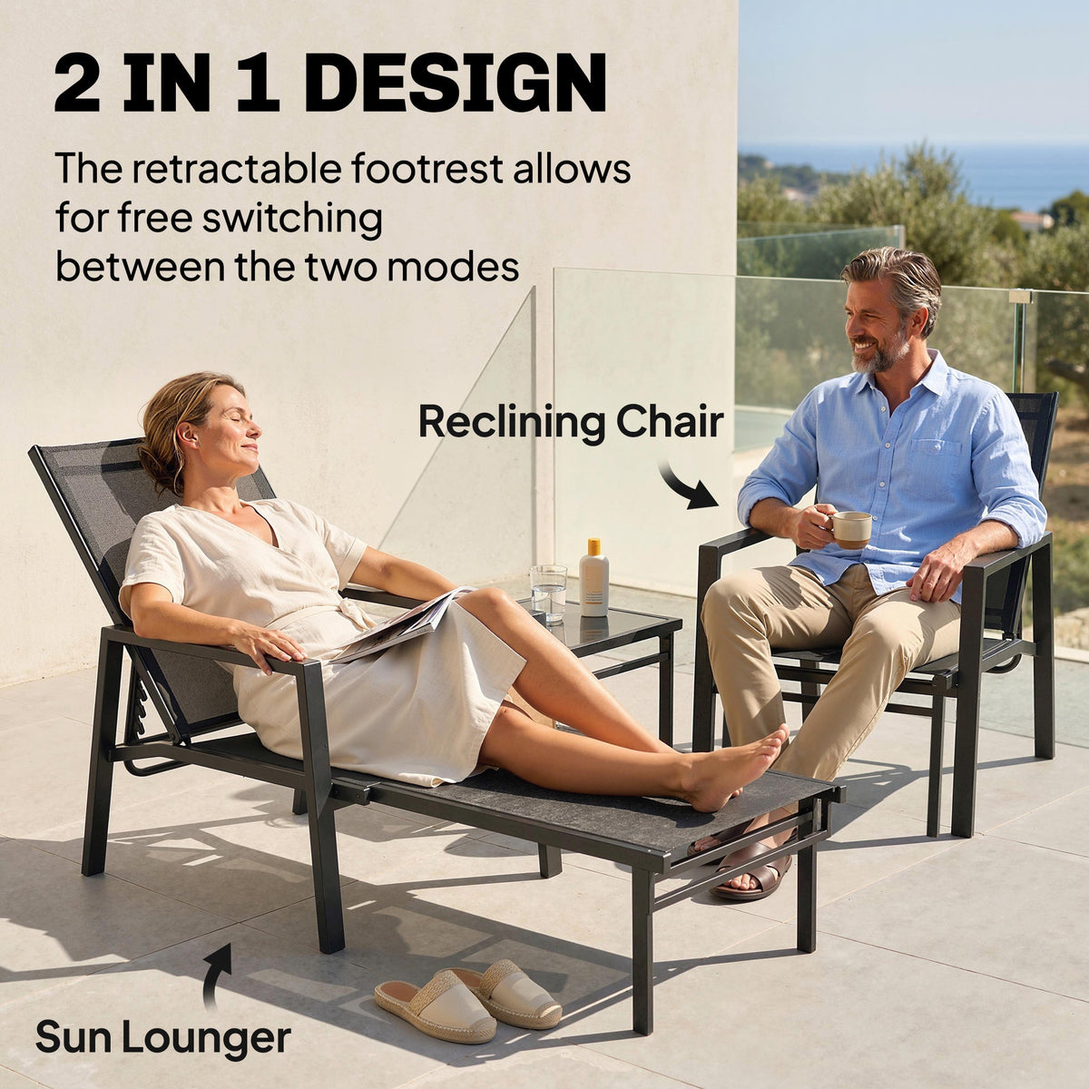 5-Position Sun Lounger with Retractable Footrest, Steel for Patio & Camping, Dark Grey — product view 6