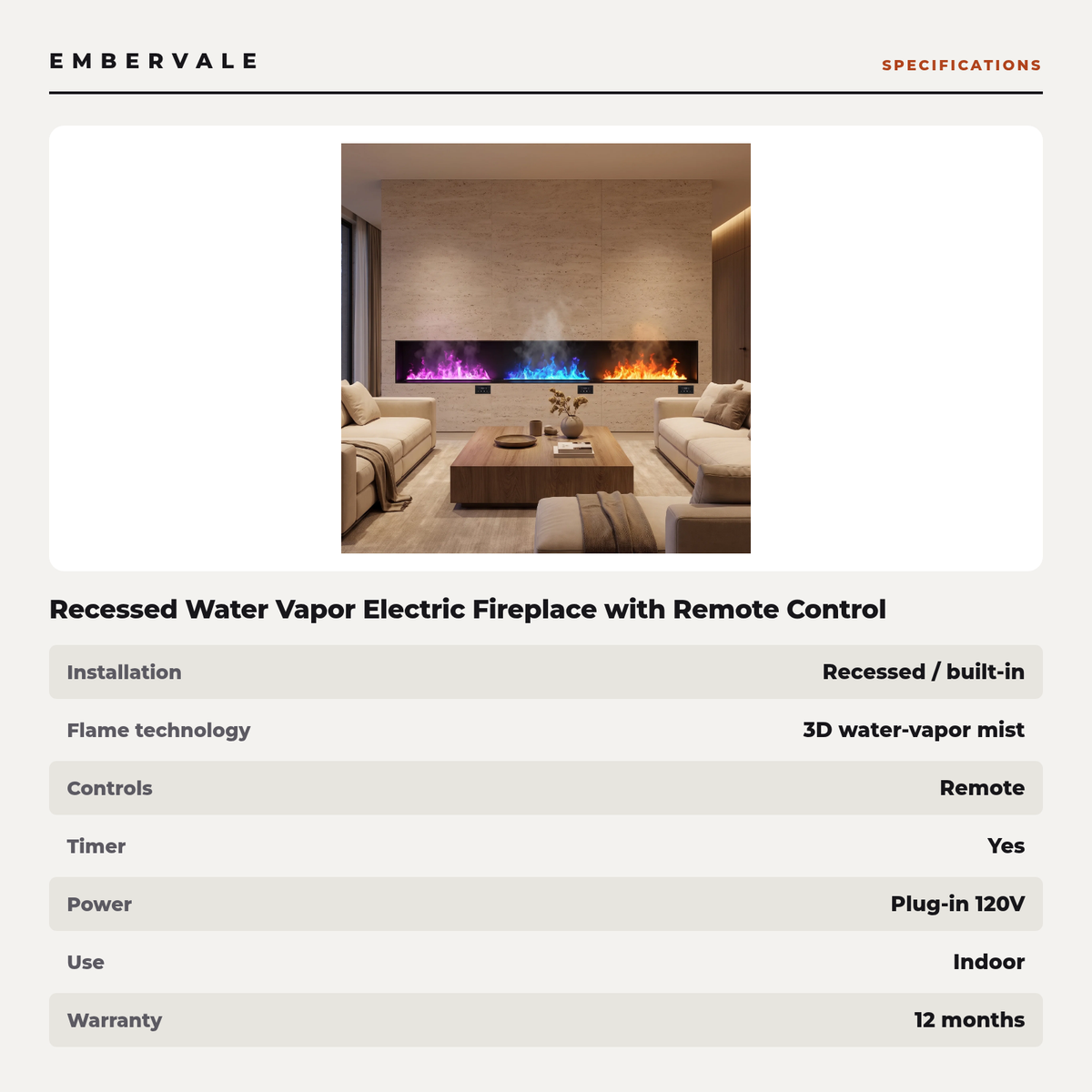Recessed Water Vapor Electric Fireplace with Remote Control & Timer, 3D Atomized Steam Flame Fireplace — product view 4