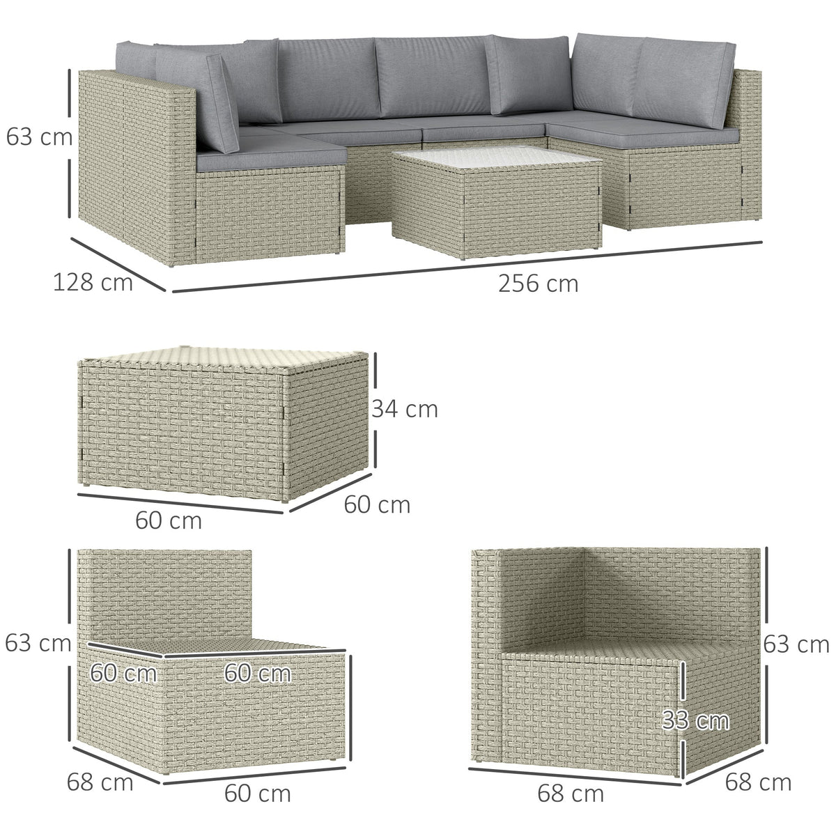 7 Piece Rattan Garden Furniture Set, 6 Seater Corner Sofa & Glass Table, Light Brown — product view 5