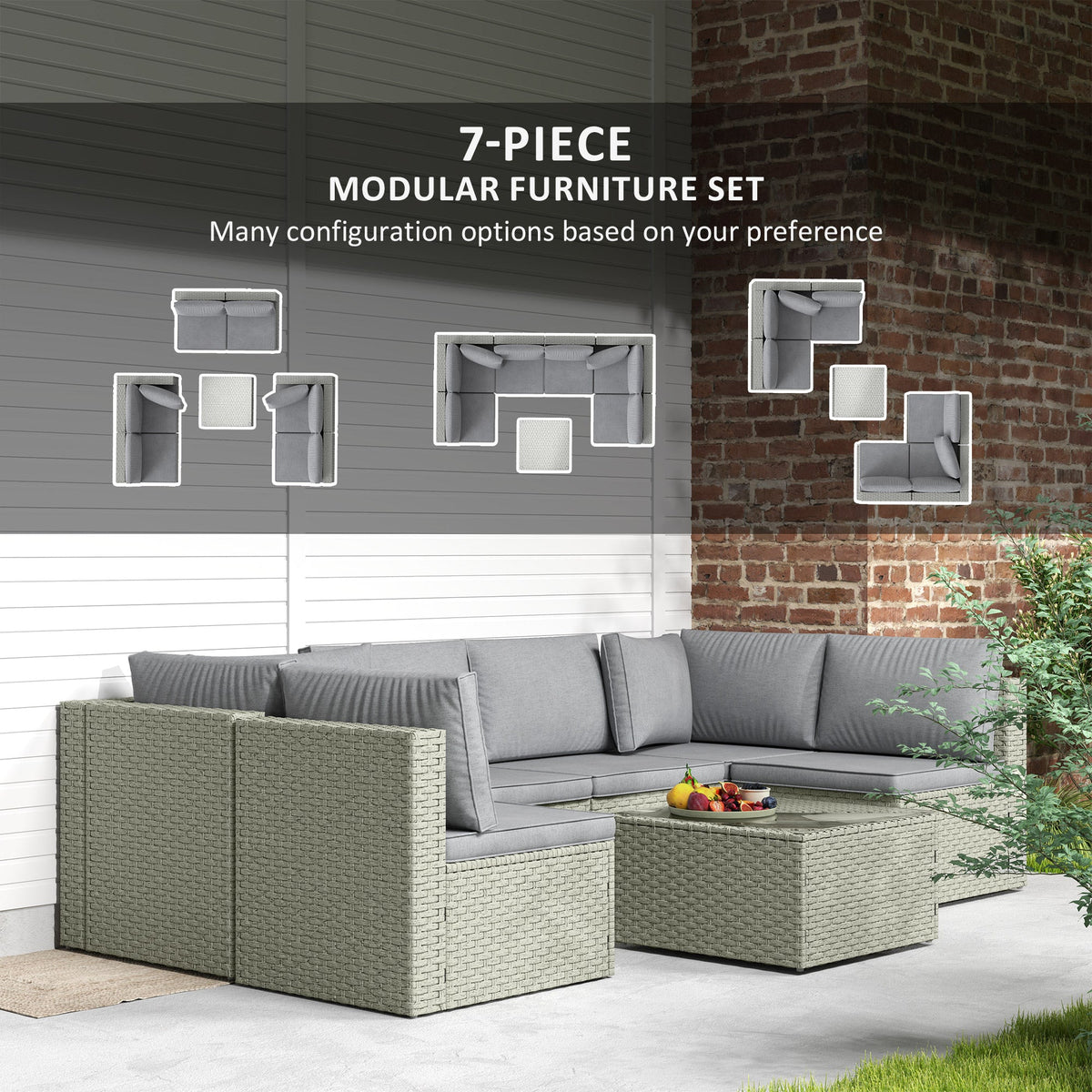 7 Piece Rattan Garden Furniture Set, 6 Seater Corner Sofa & Glass Table, Light Brown — product view 6