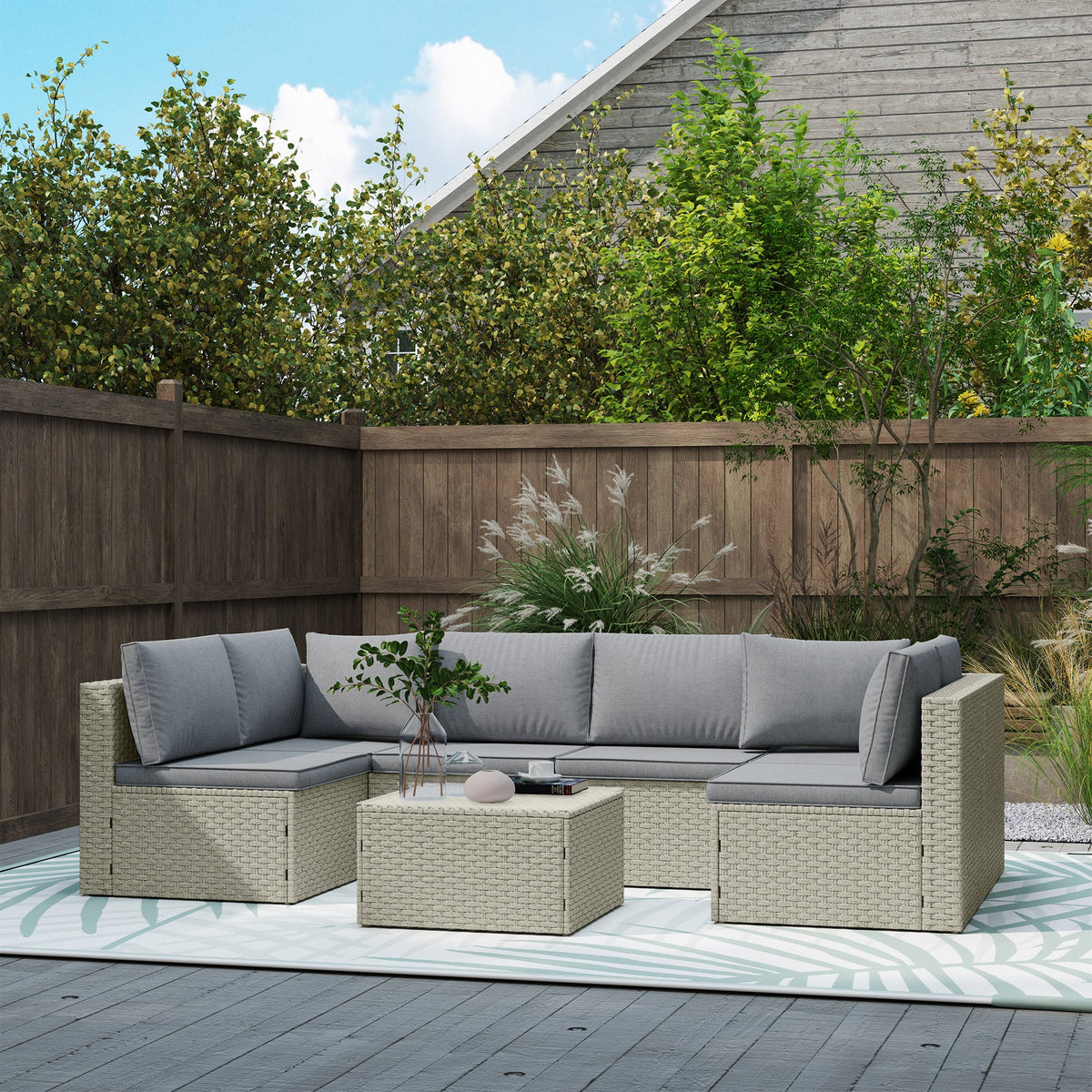 7 Piece Rattan Garden Furniture Set, 6 Seater Corner Sofa & Glass Table, Light Brown — product view 4