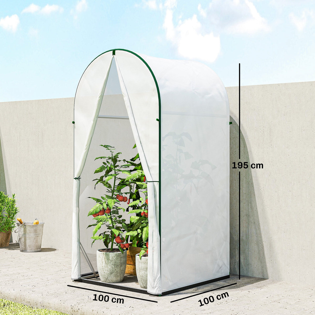 Mini Greenhouse with Roll-Up Door & PE Base, 100 x 100 x 195 cm, White — product view 5
