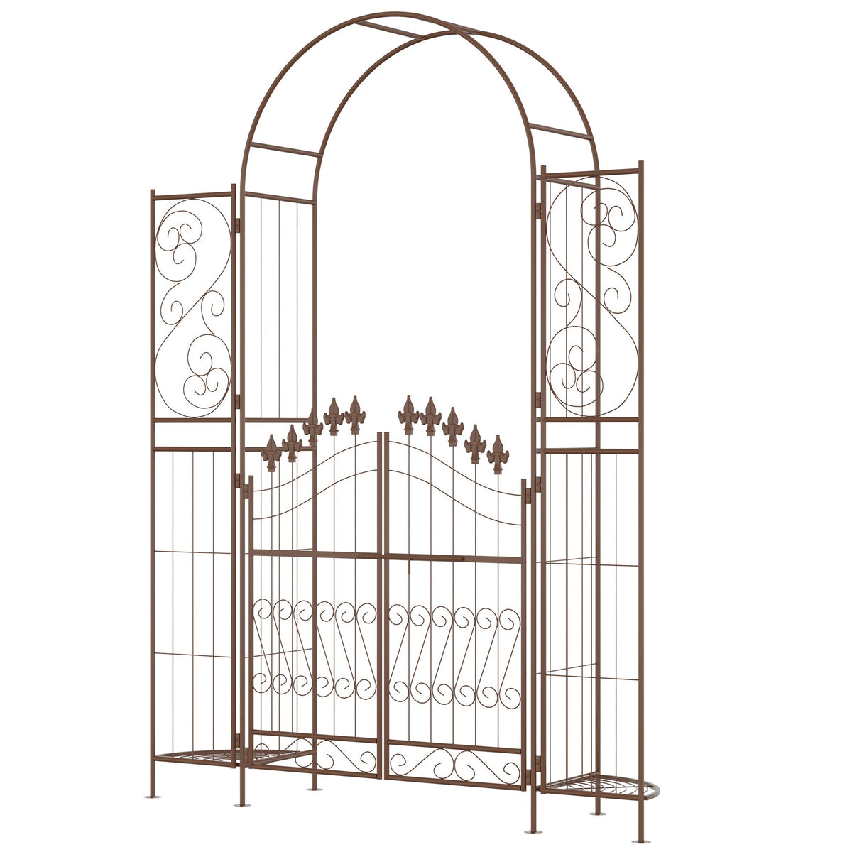 7' Metal Garden Arbor with Gate and Planter Shelves, Brown — product view 2