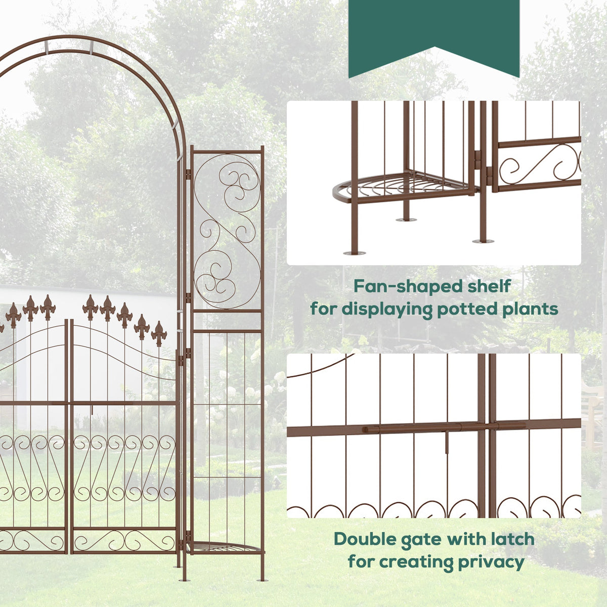 7' Metal Garden Arbor with Gate and Planter Shelves, Brown — product view 7