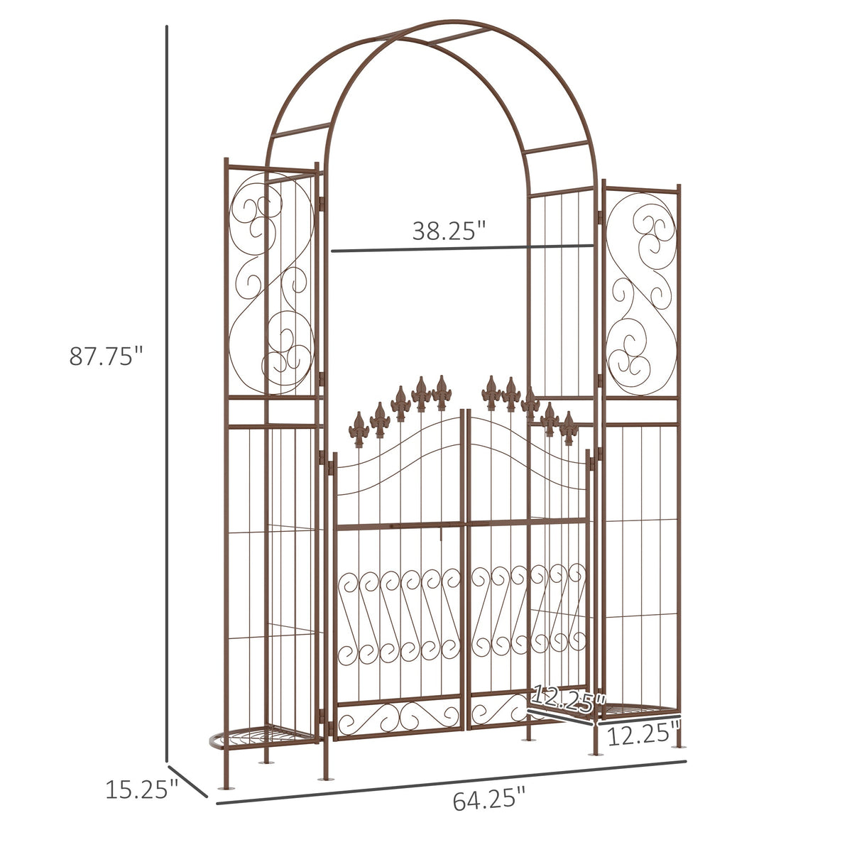 7' Metal Garden Arbor with Gate and Planter Shelves, Brown — product view 5