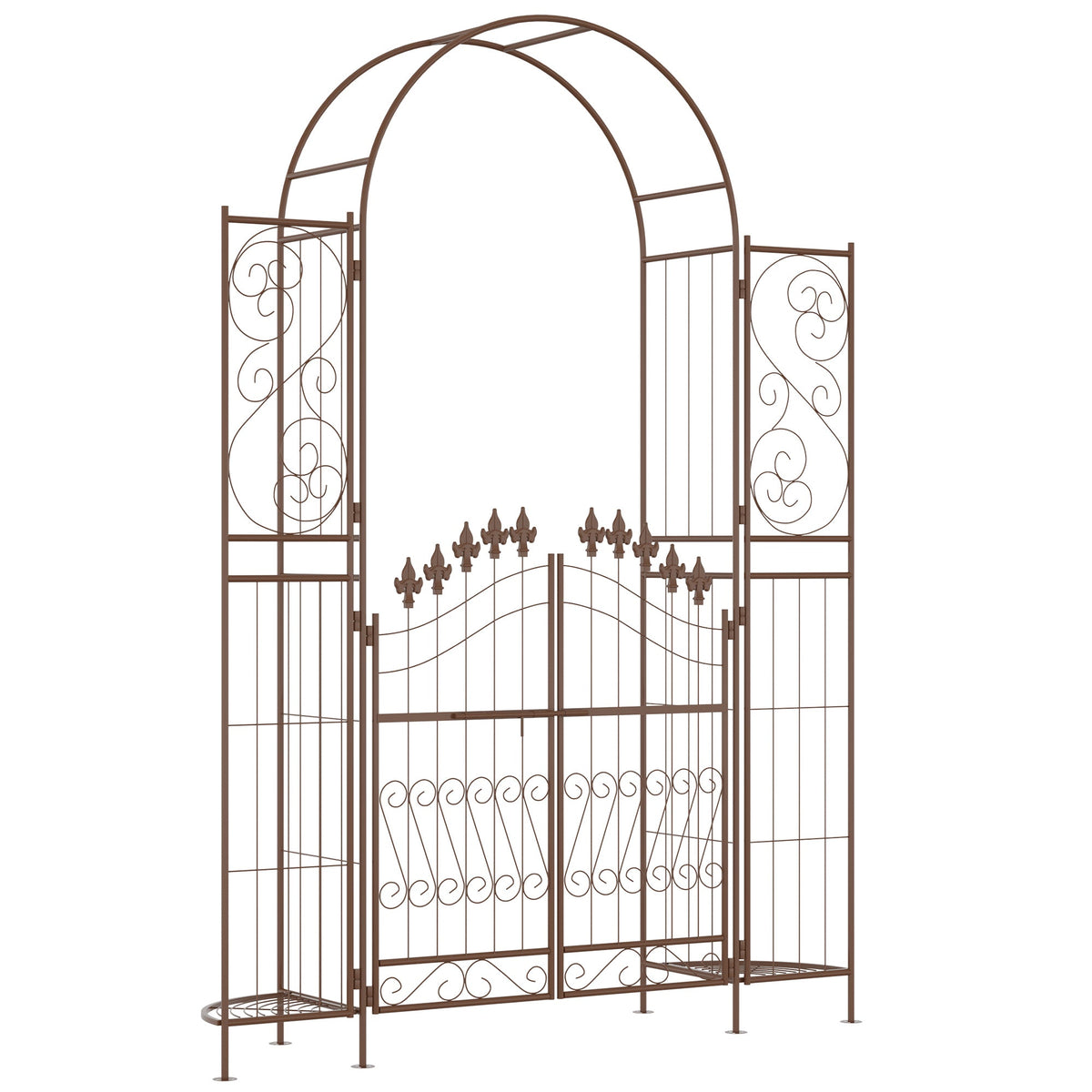 7' Metal Garden Arbor with Gate and Planter Shelves, Brown — product view 1