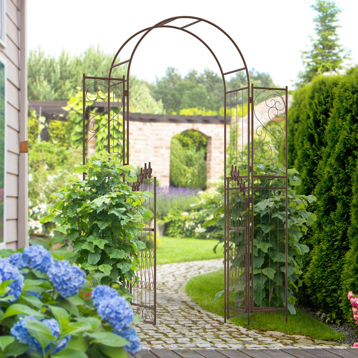 7' Metal Garden Arbor with Gate and Planter Shelves, Brown — product view 4