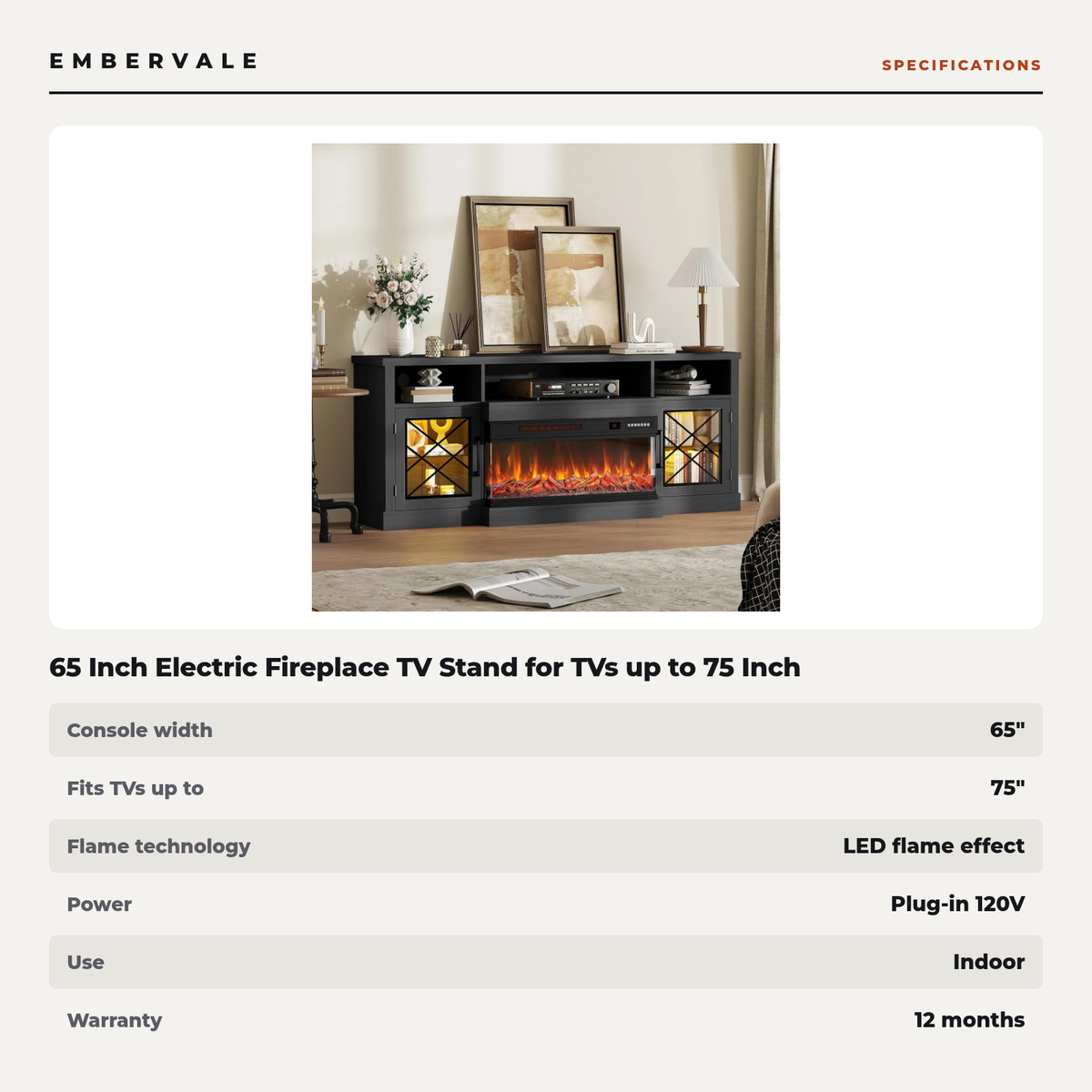 65 Inch Electric Fireplace TV Stand for TVs up to 75 Inch, 3-Sided Glass, Modern Media Console Entertainment Center for Living Rooms — product view 3