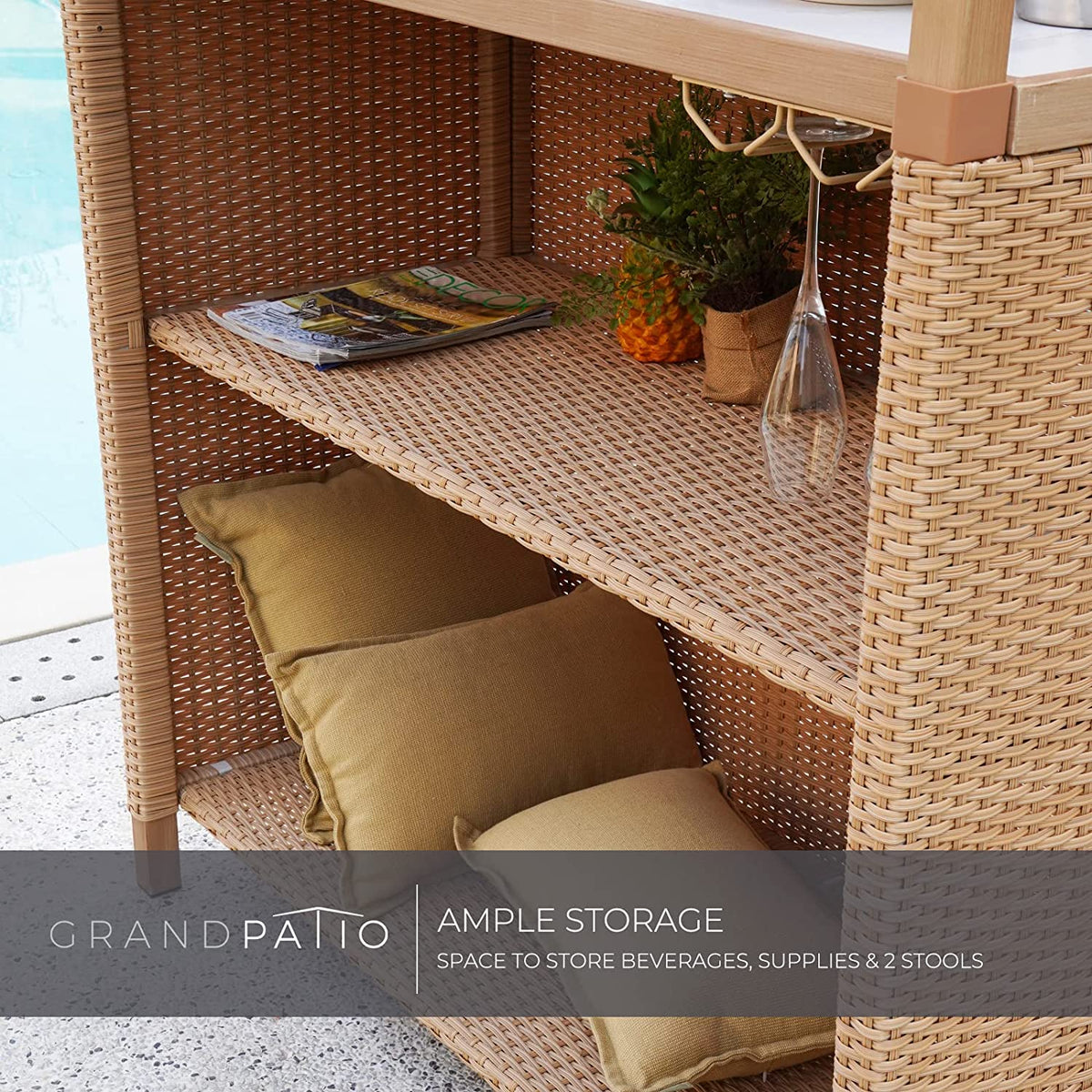 LOUNGE YARD Outdoor Phuket 3 Pieces Resin Wicker Ceramic Steel Storage Tiki Bar and Stools — product view 7