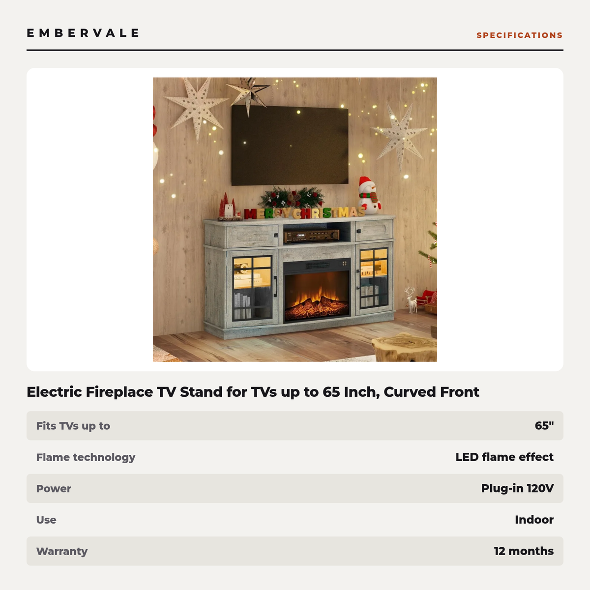 Electric Fireplace TV Stand for TVs up to 65 Inch, Curved Front, Modern Media Console Entertainment Center, Adjustable LED Flame for Living Rooms — product view 3
