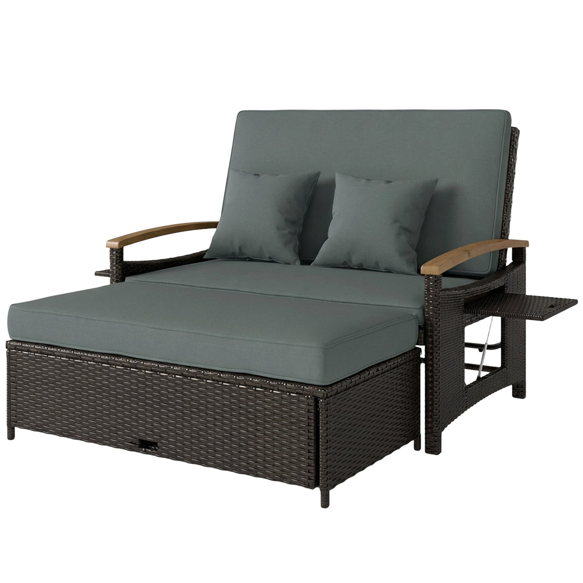 Rattan Daybed with Adjustable Backrest, Storage Ottoman, Mixed Gray — product view 2