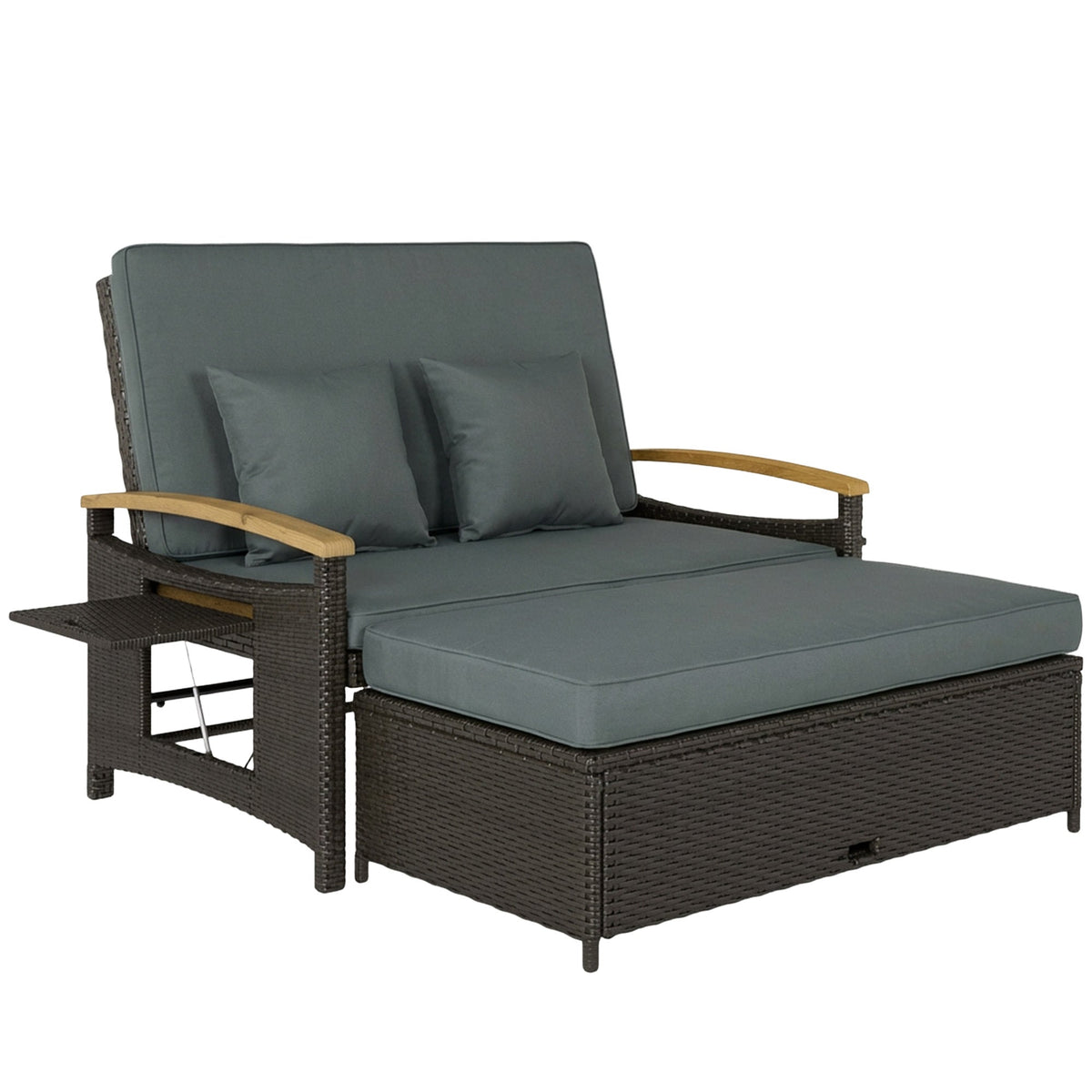 Rattan Daybed with Adjustable Backrest, Storage Ottoman, Mixed Gray — product view 1