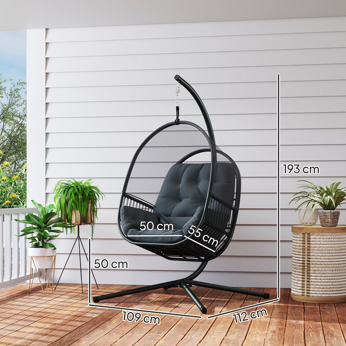 Hanging Egg Chair with Stand, Cushions & Lumbar Pillow, Dark Grey — product view 5