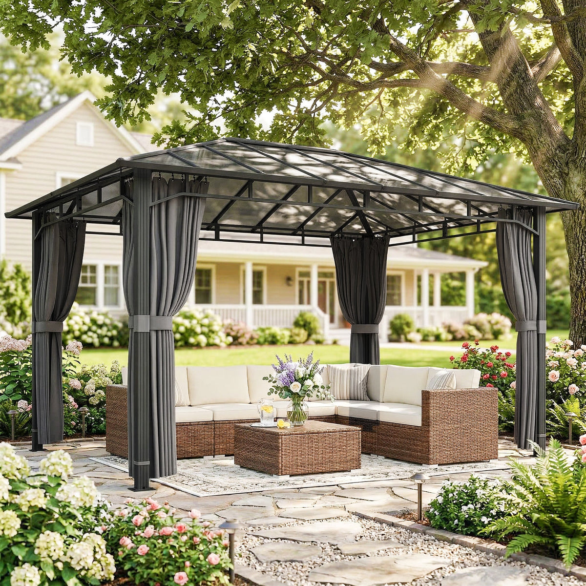 3 x 4 m Hardtop Gazebo with Polycarbonate Roof and Curtains, Dark Grey — product view 3