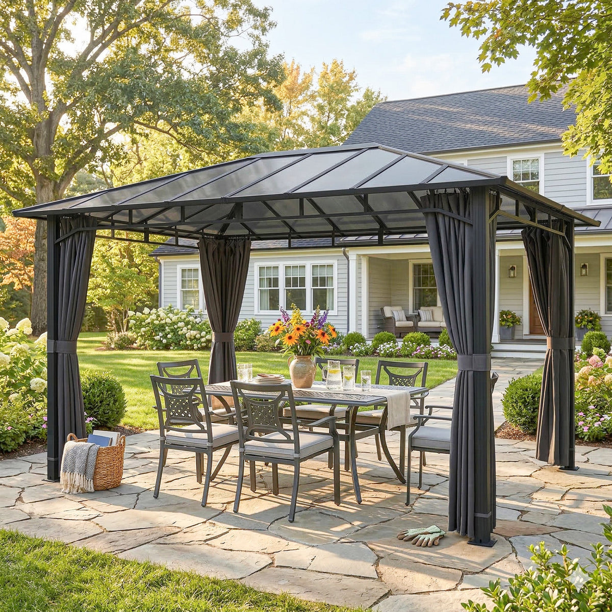 3 x 4 m Hardtop Gazebo with Polycarbonate Roof and Curtains, Dark Grey — product view 4