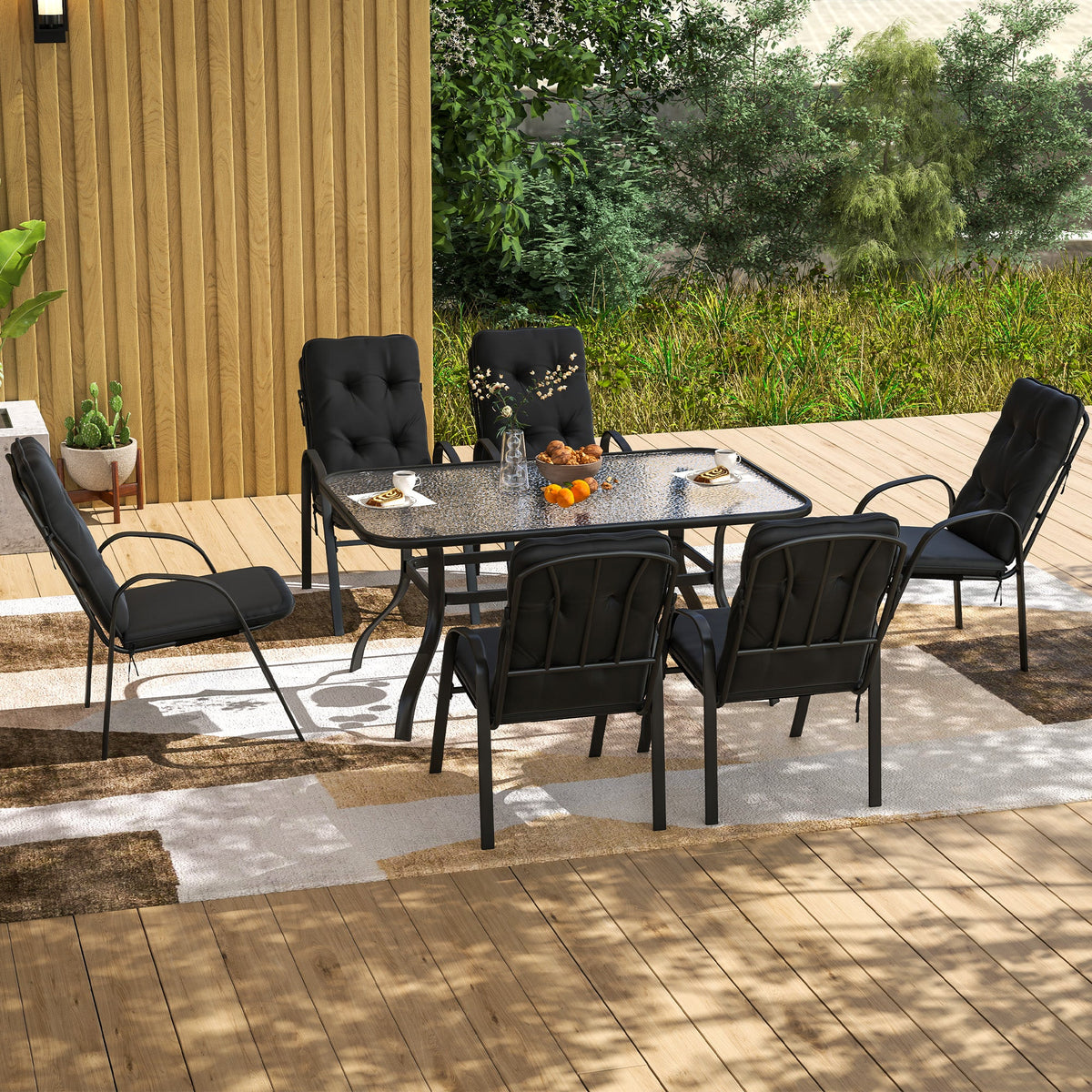 7 Piece Garden Dining Set with Glass Top Table & 6 Cushioned Chairs, Black — product view 3
