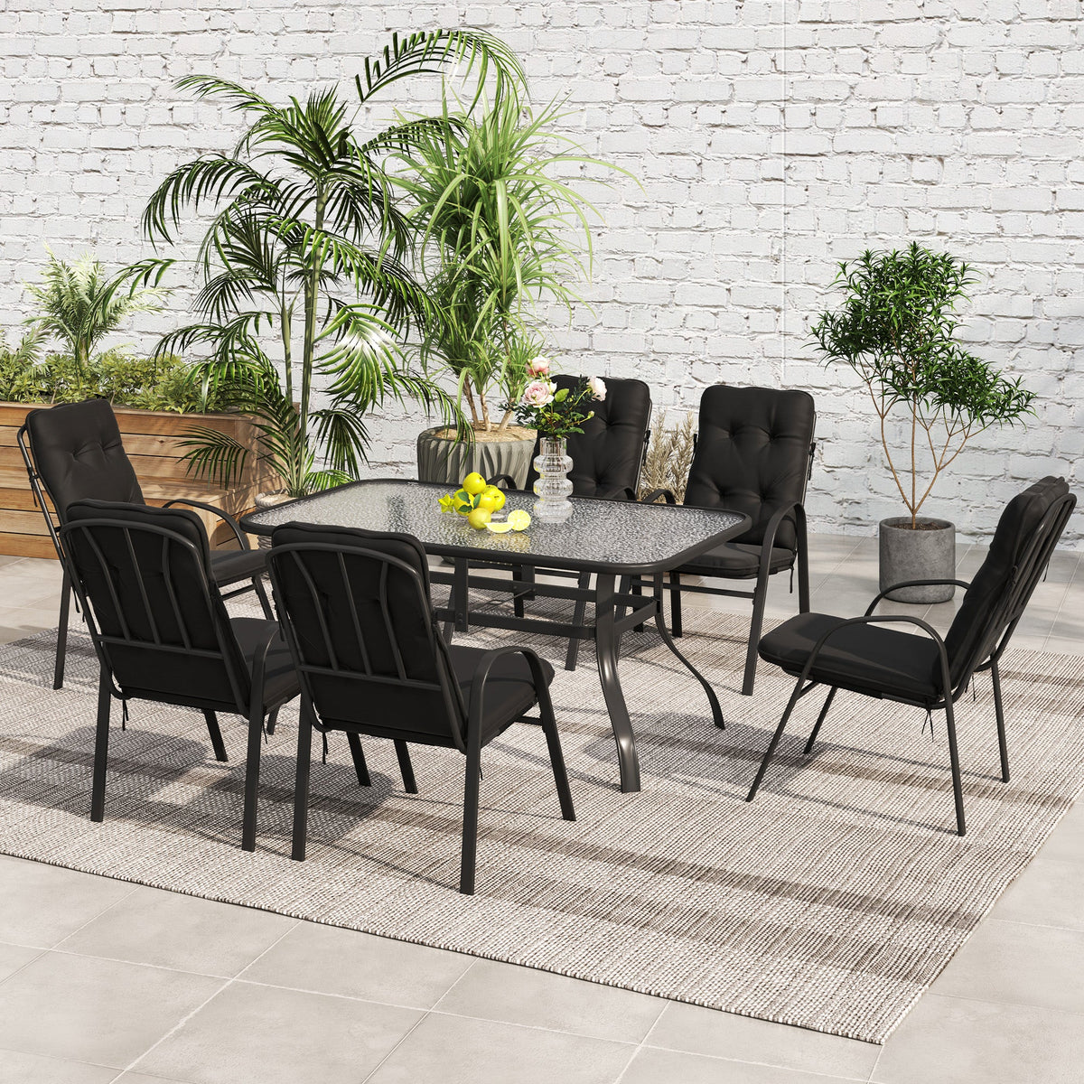 7 Piece Garden Dining Set with Glass Top Table & 6 Cushioned Chairs, Black — product view 4