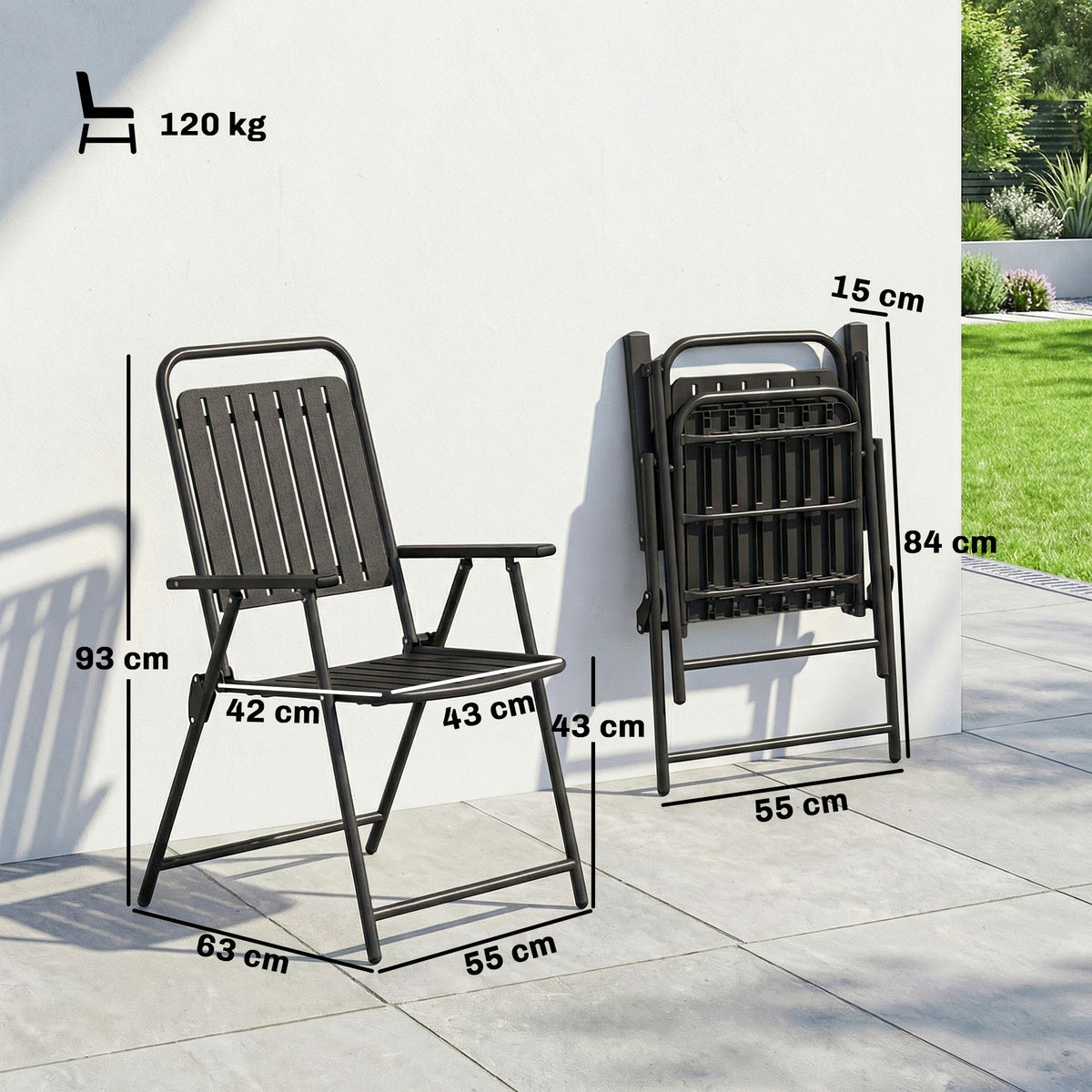 Set of 4 Folding Garden Chairs with Armrests and Slatted Seat, Black — product view 5