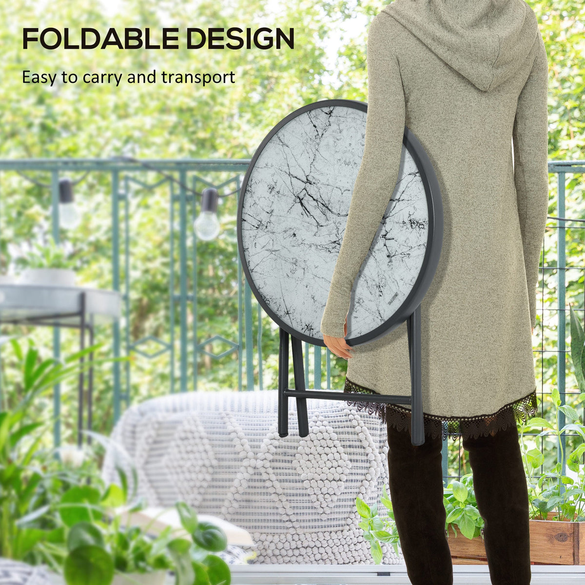 18" Outdoor Round Folding Table with Tempered Glass Top, White — product view 6