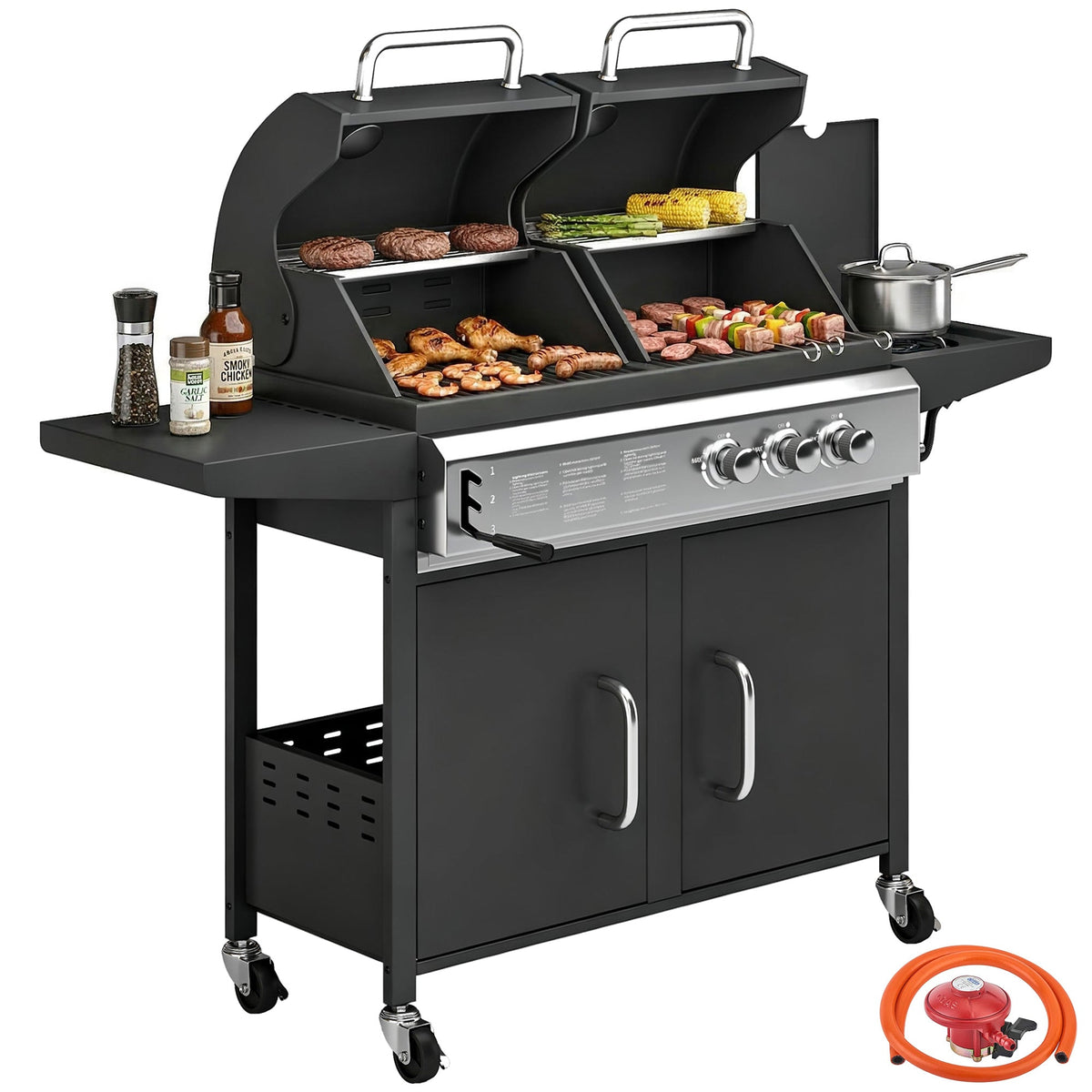 2+1 Burner Hybrid Dual Fuel BBQ Grill with Cabinet, Black — product view 1