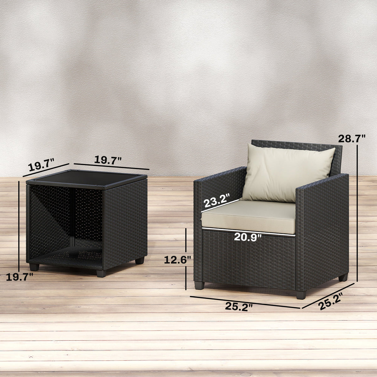 3 Piece Patio Bistro Set with Glass Table and Cushioned Chairs, Beige — product view 5