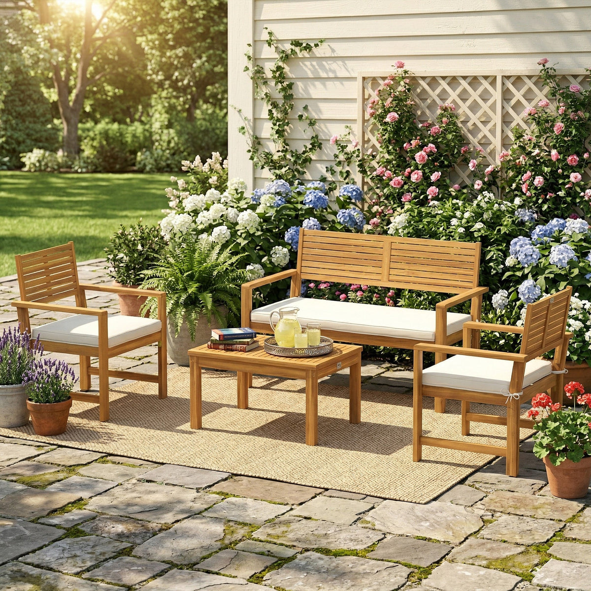 4-Seater Acacia Wood Outdoor Set with Loveseat, 2 Armchairs & Wood-Top Table, Cream — product view 4
