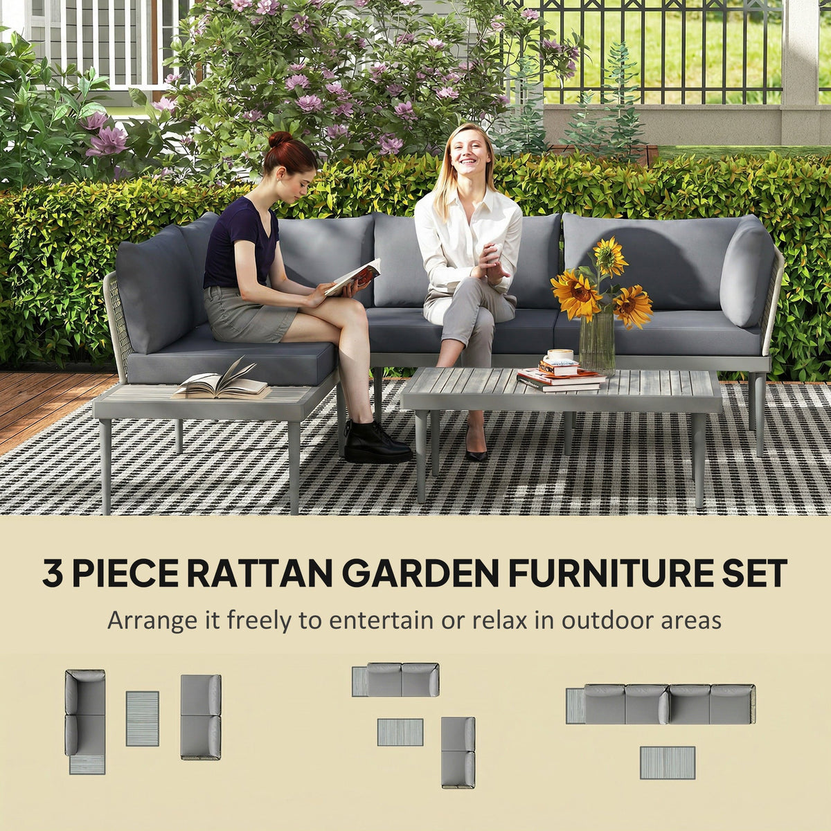 4-Seater L-Shaped Rattan Corner Sofa Set with Acacia Wood Coffee Table, Grey — product view 6