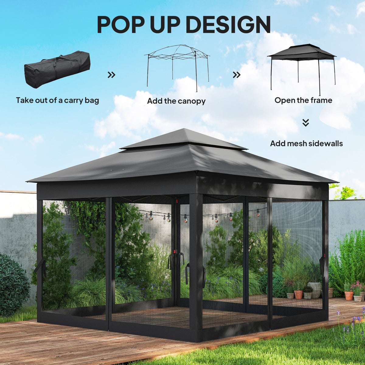 3 x 3 m Pop Up Gazebo with Double Roof, Netting & Carry Bag, Black — product view 6