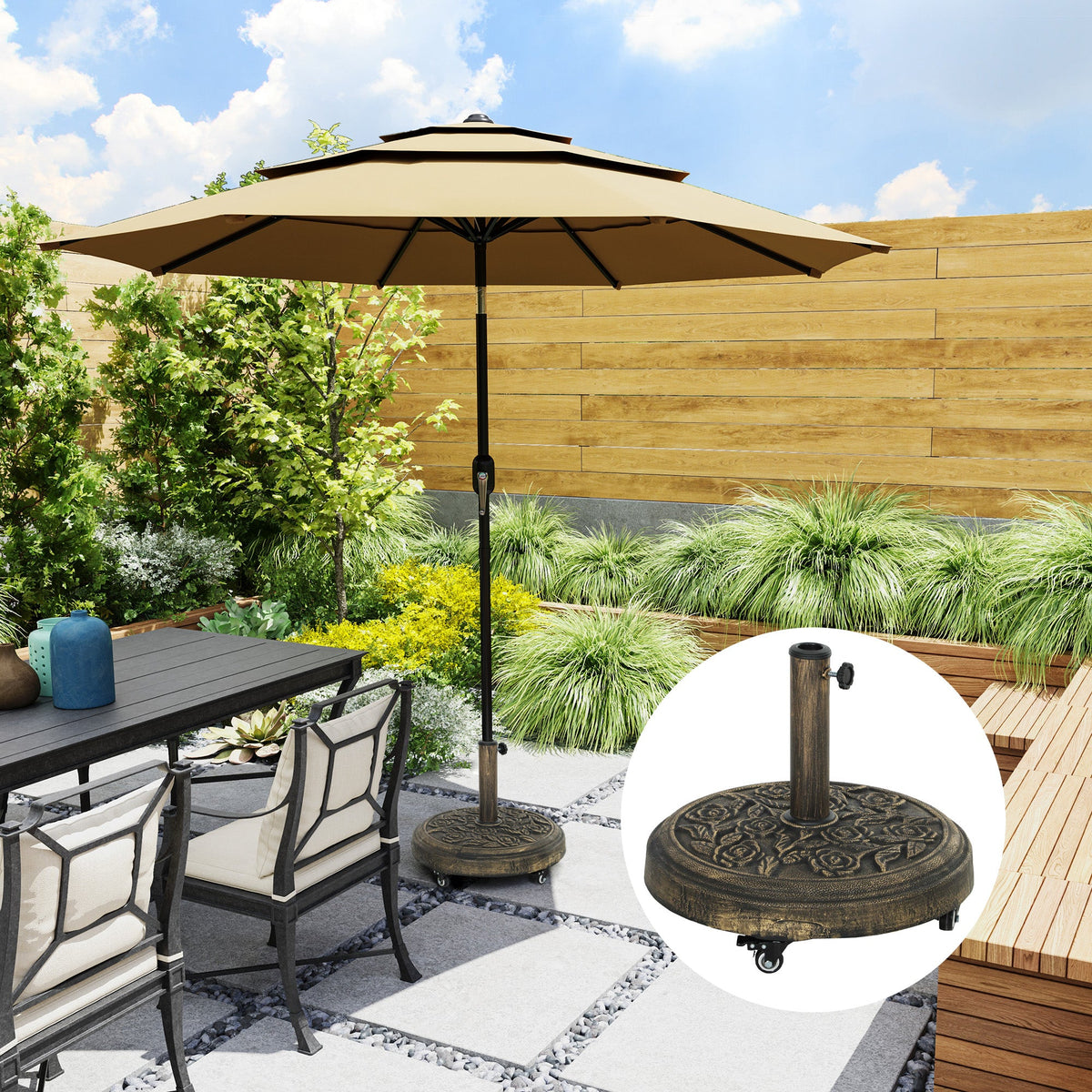 46 lbs Round Patio Umbrella Base with Wheels, Bronze — product view 3