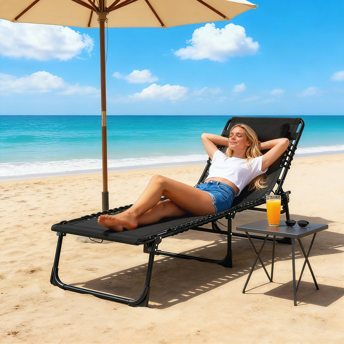 Folding Chaise Lounge Chair with 4-Position Reclining Back & Breathable Mesh Seat, Black — product view 3