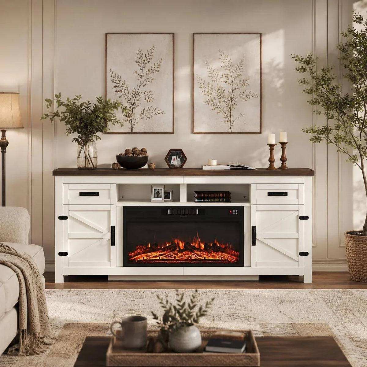 80 Inch Farmhouse Fireplace TV Stand with Barn Doors for TVs up to 90 Inch, Electric Fireplace Entertainment Center with Storage Cabinets, White — product view 2