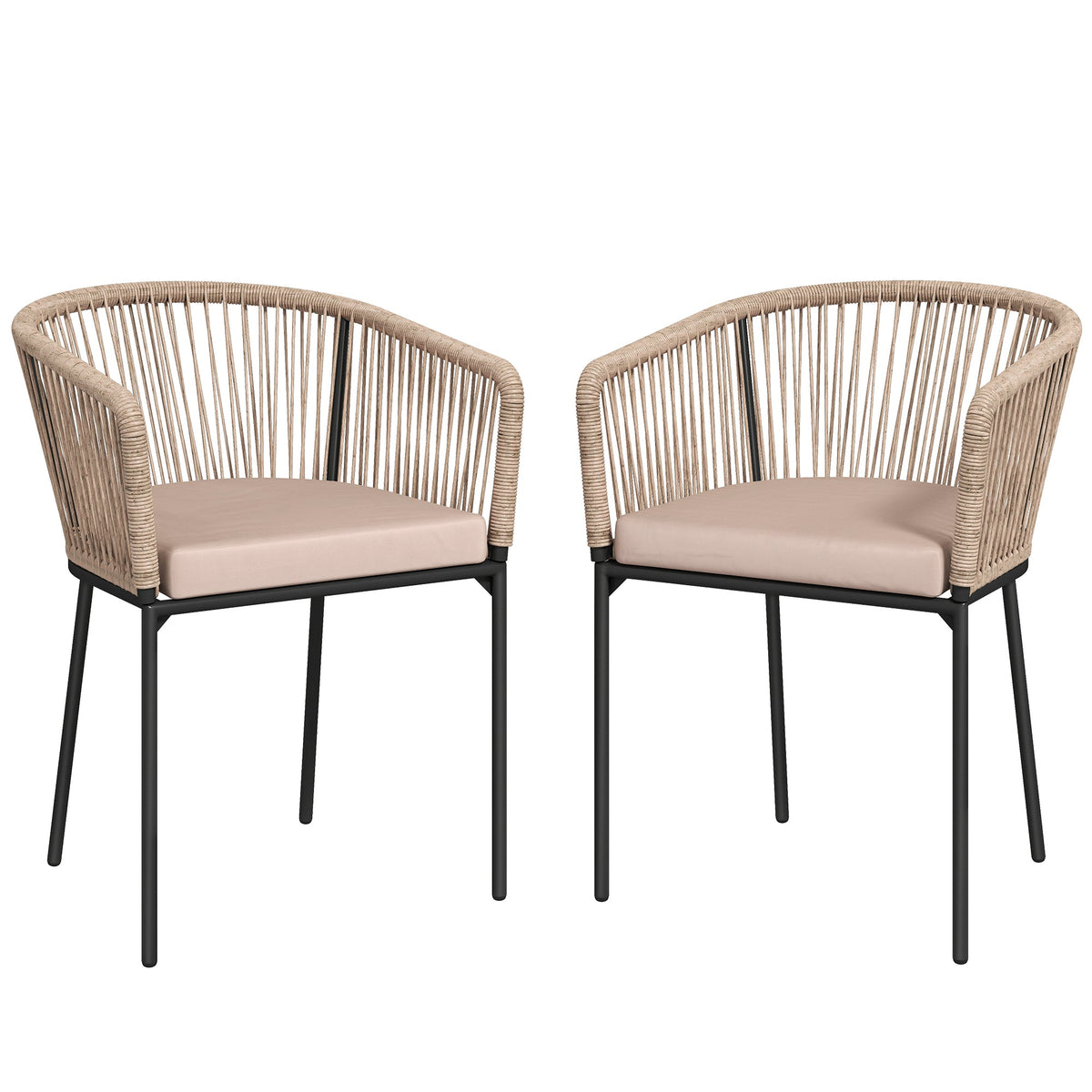 Set of 2 Rattan Dining Chairs with Cushions, Metal Frame, String Back & Armrests — product view 1