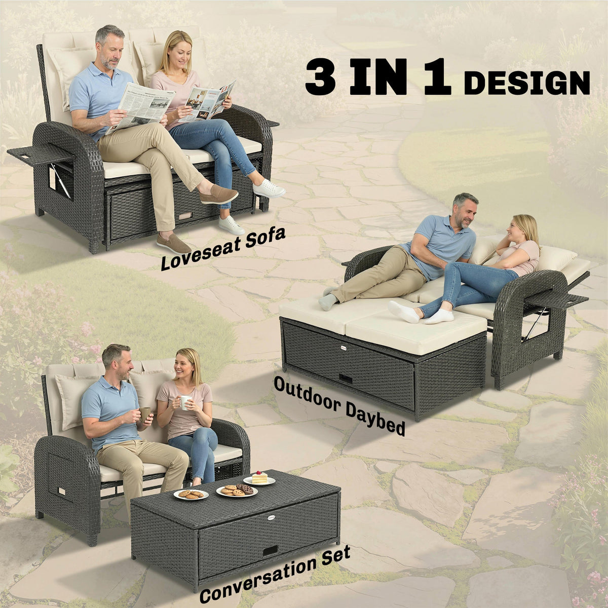 Rattan Patio Daybed with Storage Ottoman and Adjustable Backrest, Beige — product view 6